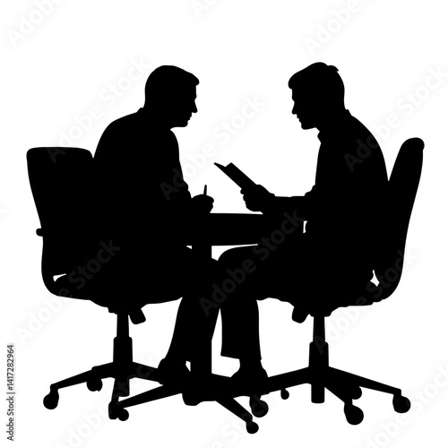 Silhouette of two men discussing internship contract at table, collaboration