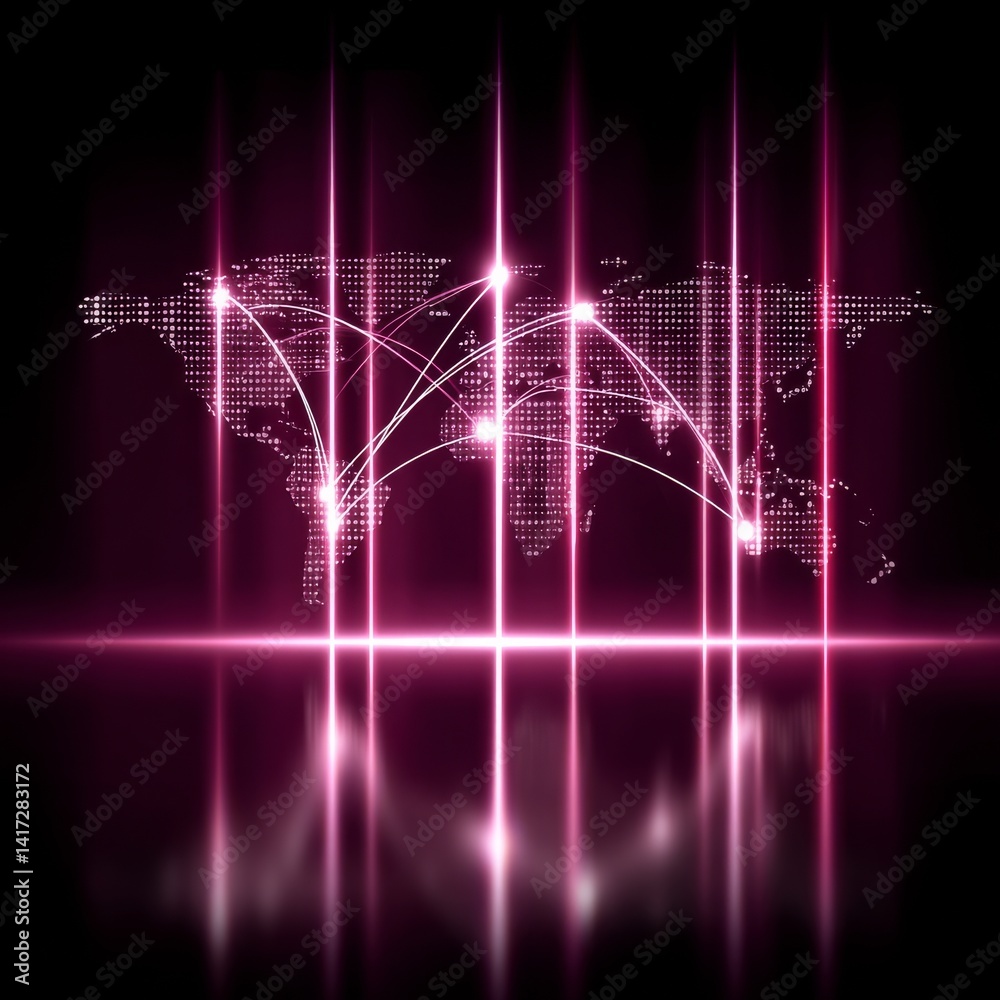 Global Network Connections: Dotted World Map with Vibrant Pink Light Trails and Reflections for International Communications.
