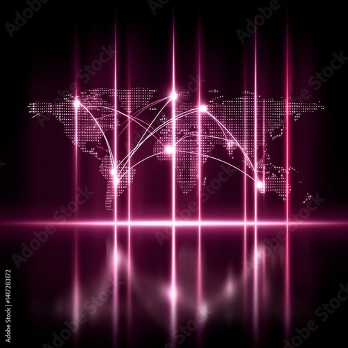 Obraz na płótnie Global Network Connections: Dotted World Map with Vibrant Pink Light Trails and Reflections for International Communications. w salonie