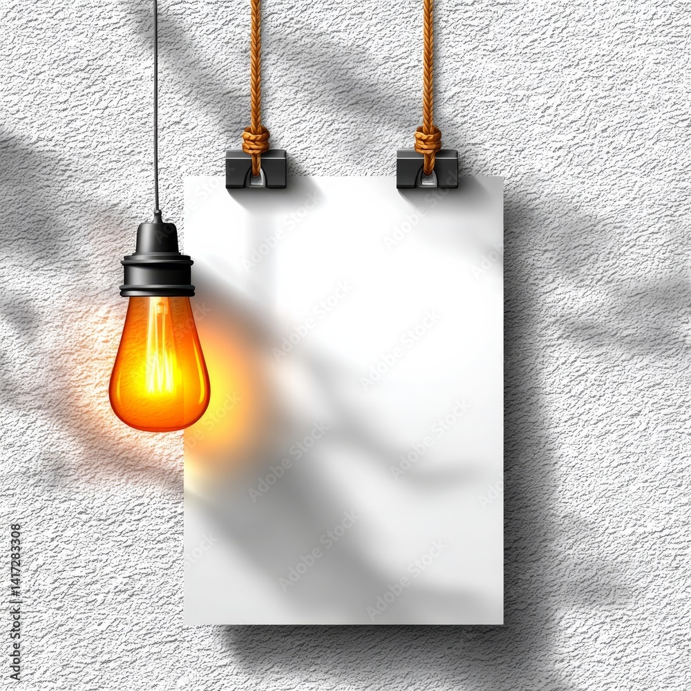 Illuminated Idea: Vintage Bulb and Blank Poster on Textured Wall Displaying Creative Space and Inspiring Design Concepts.