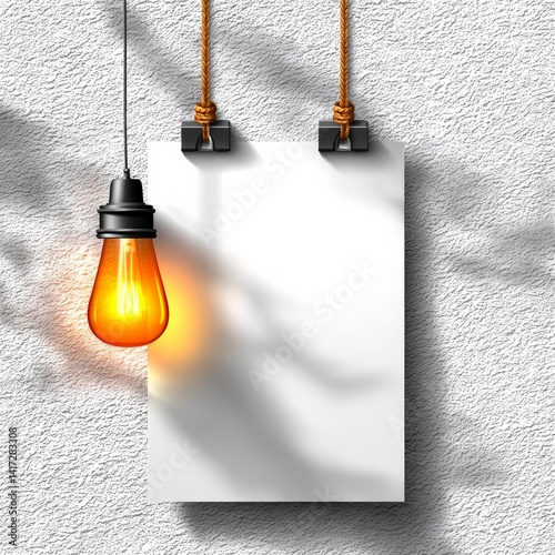 Obraz na płótnie Illuminated Idea: Vintage Bulb and Blank Poster on Textured Wall Displaying Creative Space and Inspiring Design Concepts. w salonie