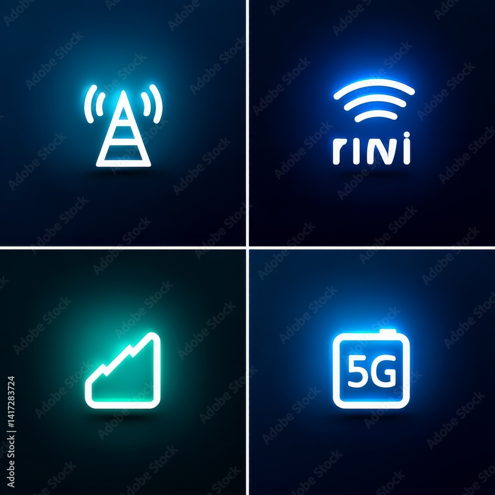 Neon Icons for Network and Signal Communication Technology, Representing 5G, WiFi, and Connectivity.