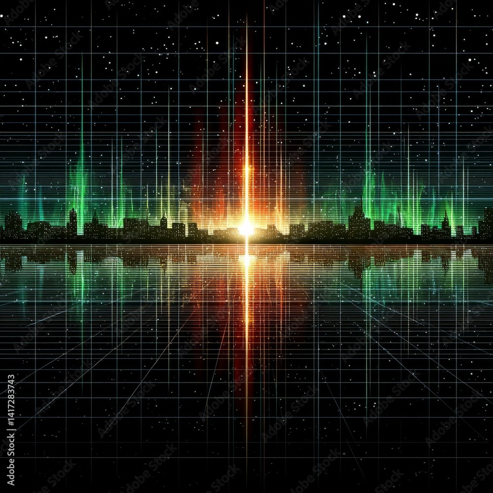Neon Cityscape Reflections: A Futuristic Grid and Starscape with Central Light Burst and Geometric Echoes