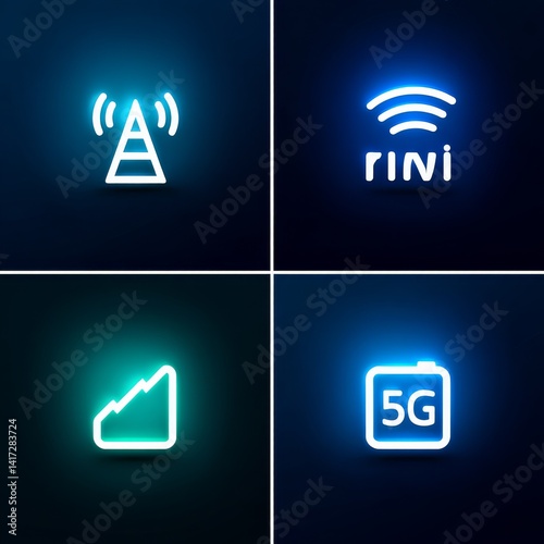 Obraz na płótnie Neon Icons for Network and Signal Communication Technology, Representing 5G, WiFi, and Connectivity. w salonie