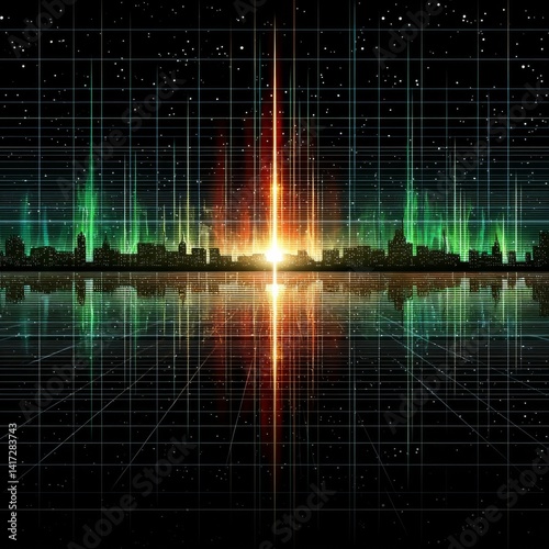 Obraz na płótnie Neon Cityscape Reflections: A Futuristic Grid and Starscape with Central Light Burst and Geometric Echoes w salonie