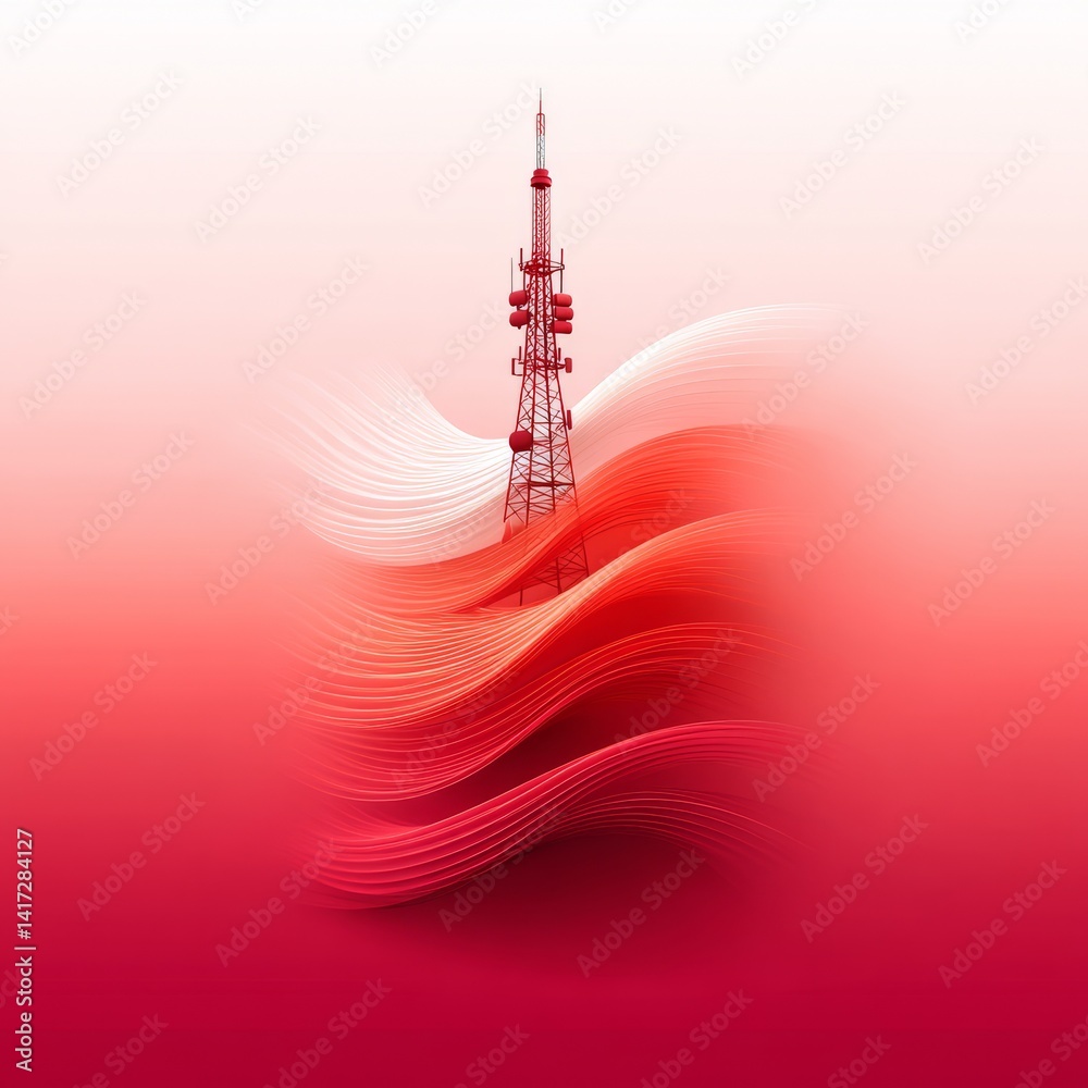 Red Radiowaves: Communication Tower Ascends Through Abstract Red Waves, Signaling Connectivity and Innovation