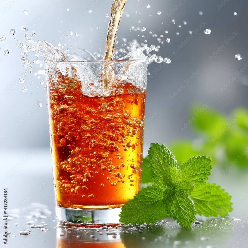 Refreshing Iced Tea Pour with Mint Leaves: A Splash of Summer in a Glass, capturing the essence of refreshment and relaxation.