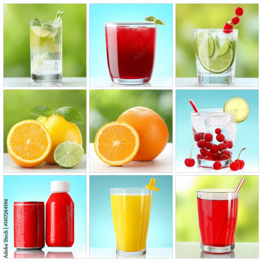 Refreshing Summer Drinks Collage: Diverse Juices and Cocktails with Bright Backgrounds