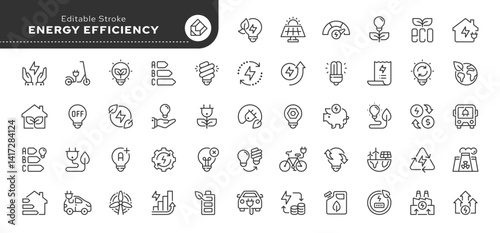 Energy efficiency line icon set.  Ecology of energy consumption, energy-saving light bulb, electricity, solar battery, electric car, scooter. Outline vector icons. Pictogram collection