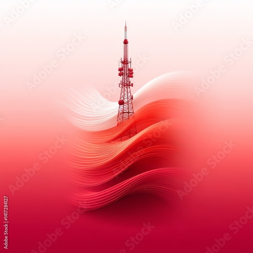 Obraz na płótnie Red Radiowaves: Communication Tower Ascends Through Abstract Red Waves, Signaling Connectivity and Innovation w salonie