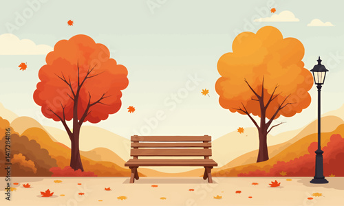 Autumn park scene with bench and falling leaves