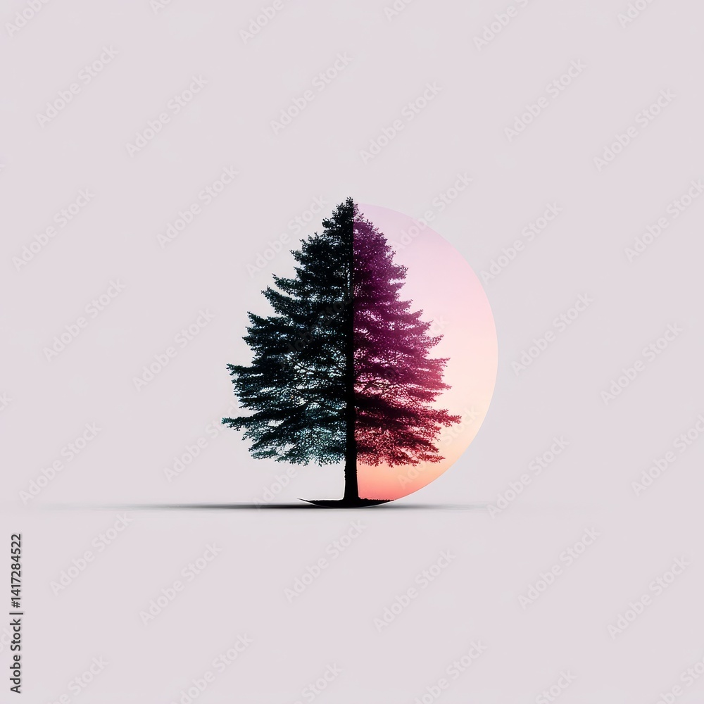 Solitary Pine Tree Silhouette Against a Pastel Sunset within a Circular Frame, Minimalist Nature Art