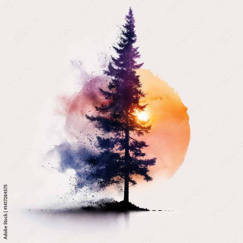 Solitary Tree Silhouette Against a Watercolor Sunset with Abstract Dispersion Effects and Dreamy Visuals