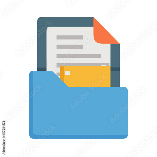 Blue Folder with Documents, Flat Design, Vector Illustration