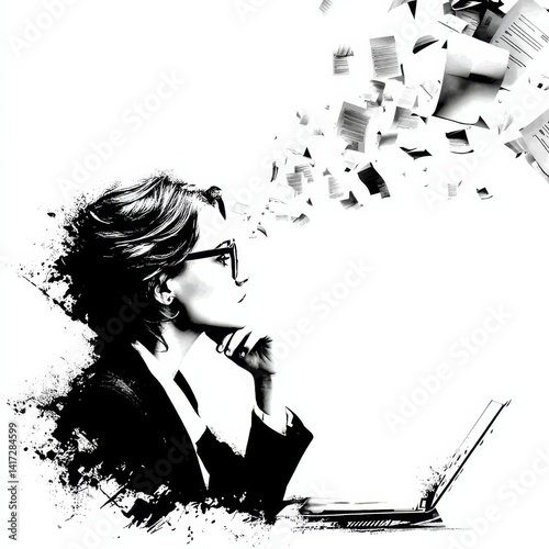 Obraz na płótnie Stressed Professional Woman Overwhelmed by Paperwork at Laptop, Illustration with Conceptual Black and White Art Design. w salonie