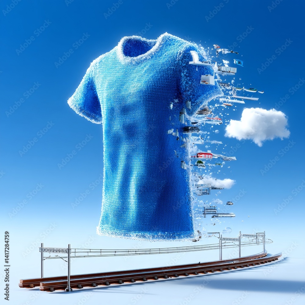 Surreal Blue T-Shirt Landscape: Floating Garment Above Train Tracks Amidst Sky, Clouds, and Deconstructed Elements