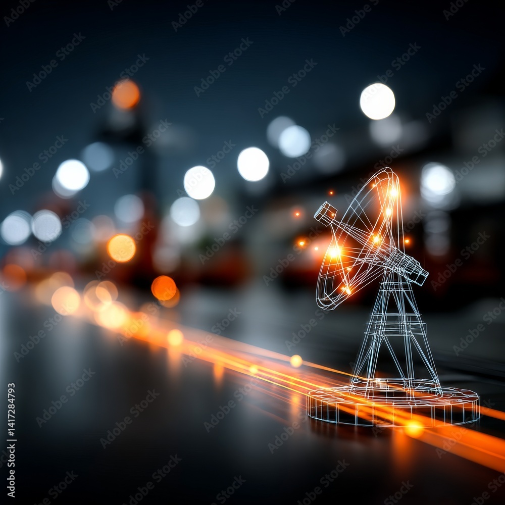 Telecommunications: Glowing Satellite Dish in a Futuristic Network Landscape, Connecting the World