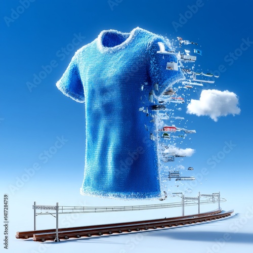 Obraz na płótnie Surreal Blue T-Shirt Landscape: Floating Garment Above Train Tracks Amidst Sky, Clouds, and Deconstructed Elements w salonie
