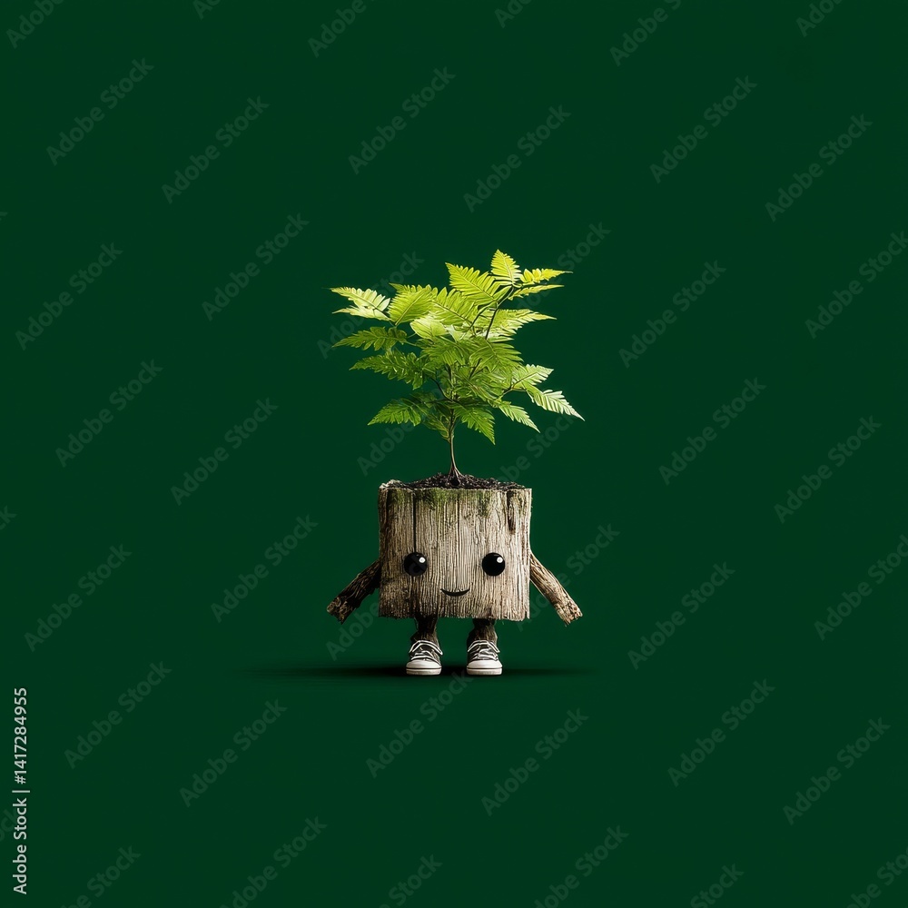 The Little Tree Dude: A whimsical tree stump character with a leafy head and tiny sneakers on a dark green background.