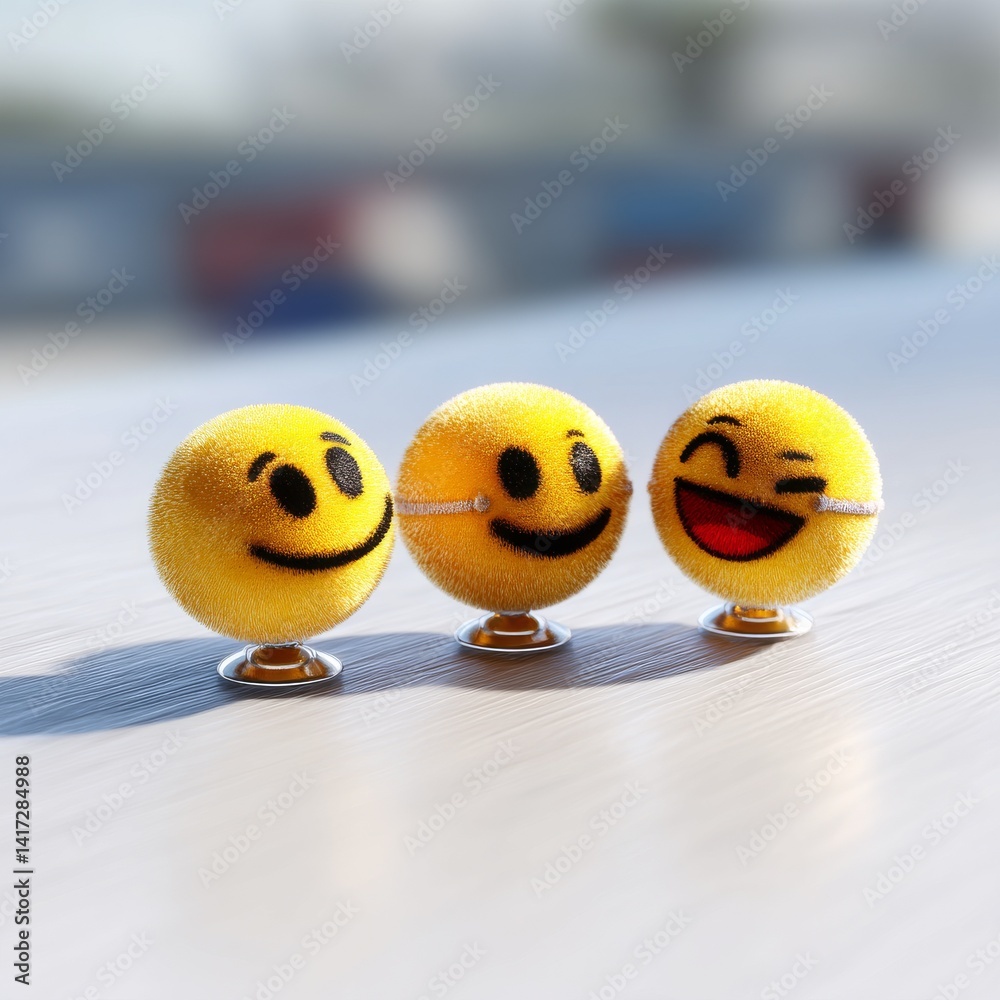 Three Fuzzy Smiley Faces on Glass Stands: A Cheerful and Playful Display of Emoticons