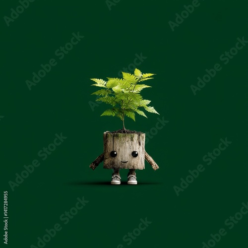 Obraz na płótnie The Little Tree Dude: A whimsical tree stump character with a leafy head and tiny sneakers on a dark green background. w salonie