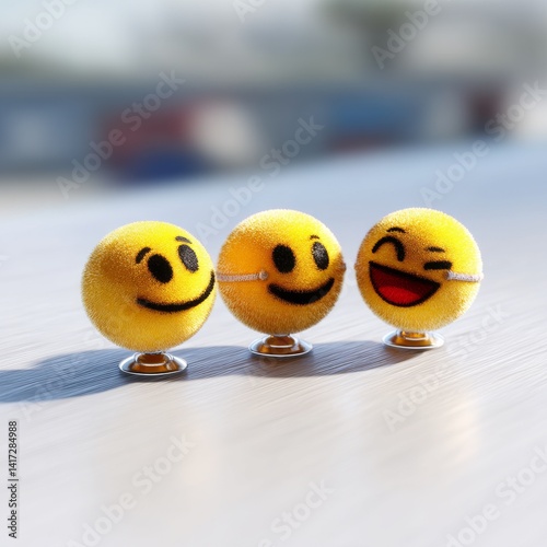 Obraz na płótnie Three Fuzzy Smiley Faces on Glass Stands: A Cheerful and Playful Display of Emoticons w salonie