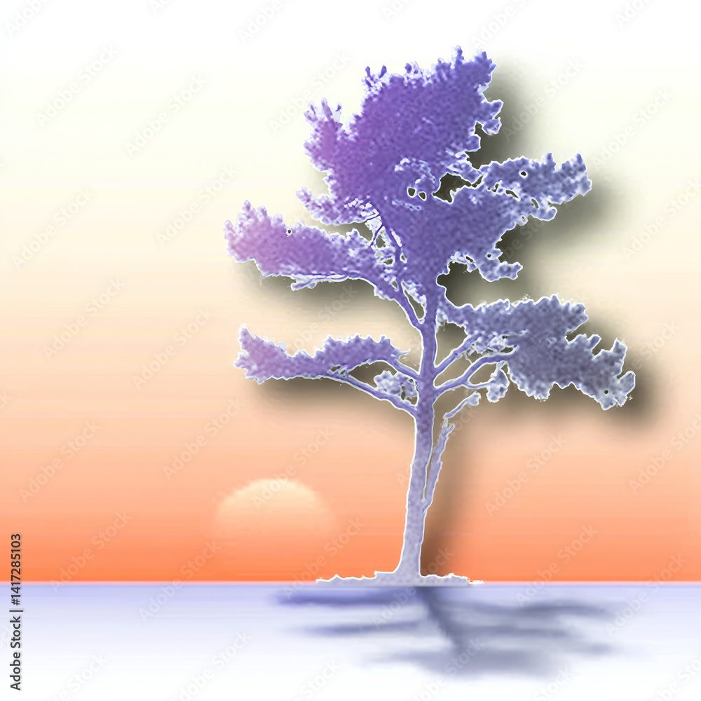 Tranquil Silhouette: Lavender Tree Against Sunset, Casting Shadow on Serene Ground, Creating Peaceful Ambiance.