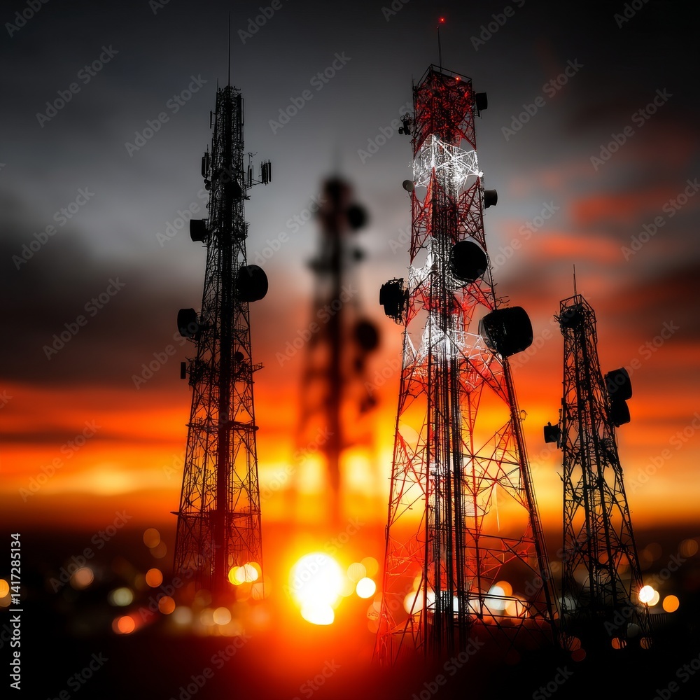 Telecommunication Towers Silhouetted Against a Fiery Sunset Sky, Connecting Distant Communities with Modern Technology