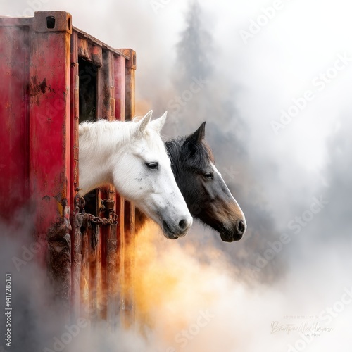 Two Horses Staring Out from a Weathered Red Container in a Misty Environment - A Study in Contrast