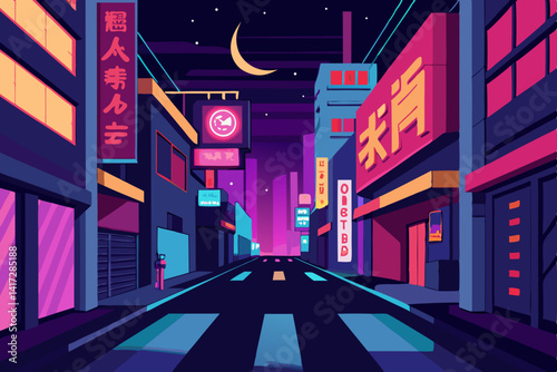 Anime Busy City Street With Neon Signs Picture
