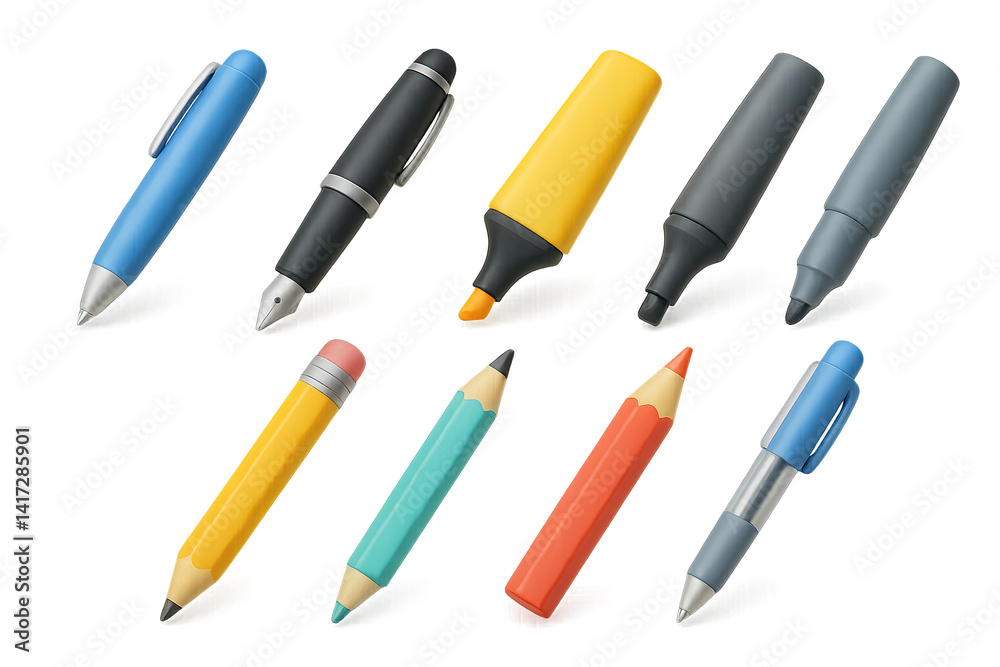 Vibrant stationery icons set: 3d design featuring pens, pencils, and highlighter