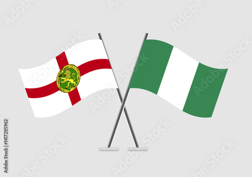 Alderney and Nigeria vector flags digital icon in waving cross