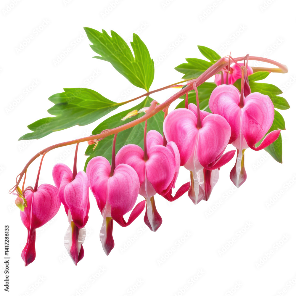 beautiful arrangement of pink bleeding heart flowers with green leaves, showcasing their delicate and unique shape, perfect for floral designs and nature themes