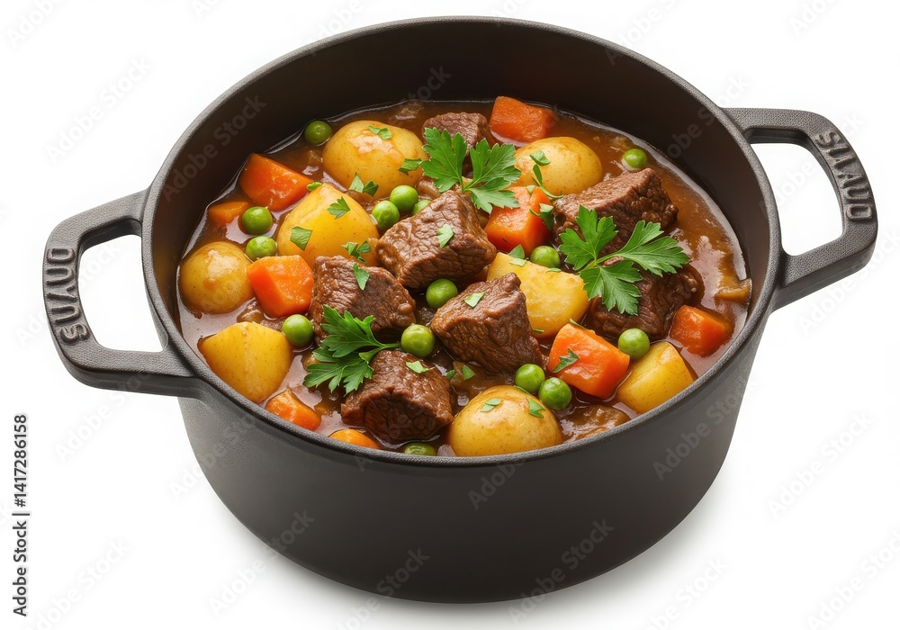 Beef stew in black pot on white background Beef stew in black pot on white background