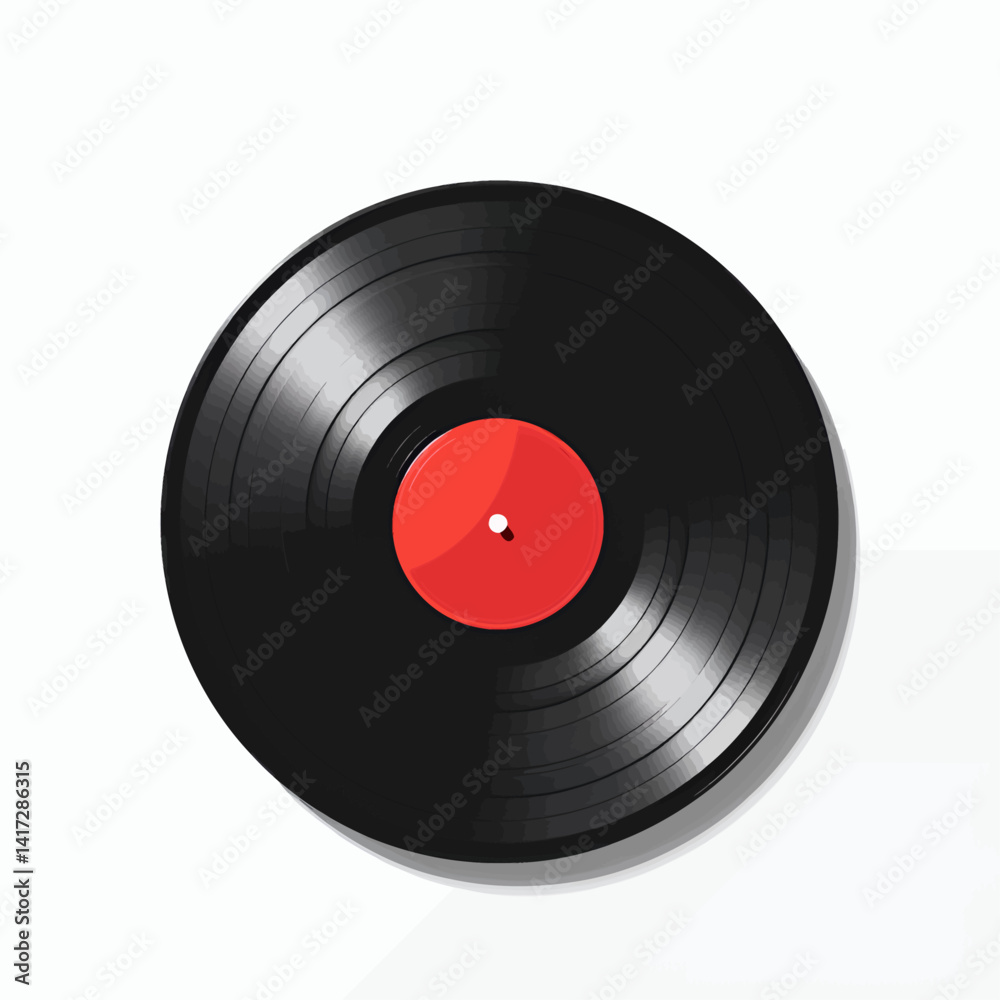 Black Vinyl Record with Red Label on White Background Black Vinyl Record with Red Label on White Background