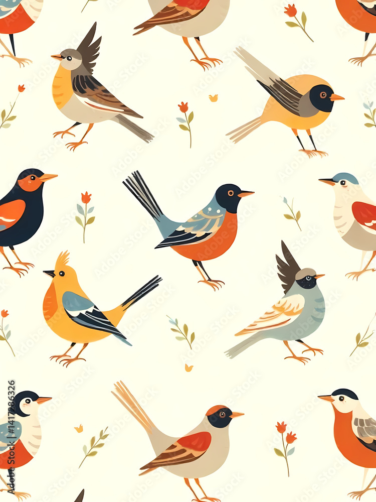 Obraz premium Charming seamless pattern featuring a variety of vibrant birds amongst delicate floral elements.
