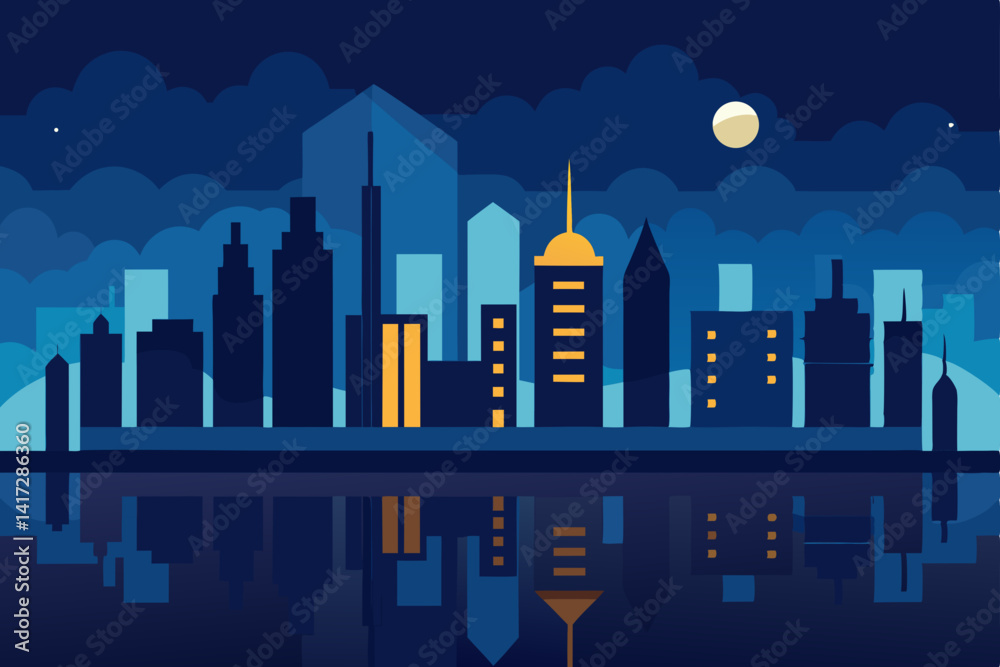 Fototapeta premium city-skyline-at-night-with-reflections