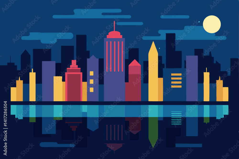 Fototapeta premium city-skyline-at-night-with-reflections