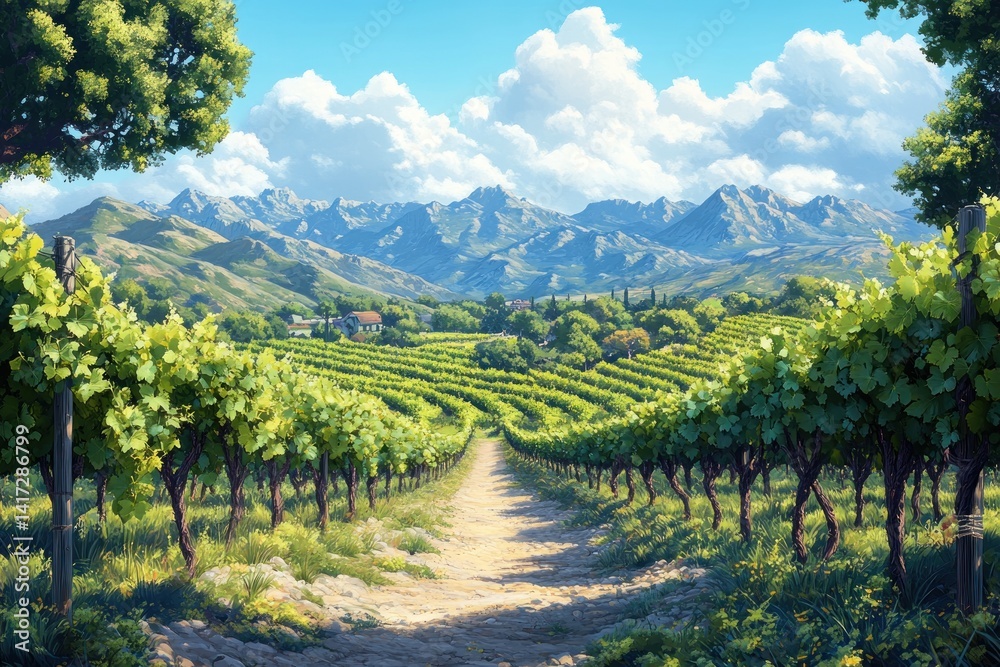 Fototapeta premium Scenic vineyard landscape, mountains in the background