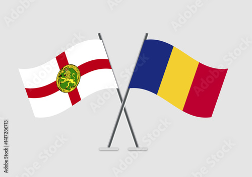 Alderney and Romania vector flags in design representing dialogue