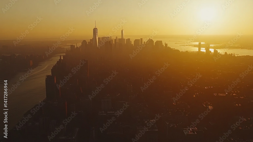 Fototapeta premium New York City skyline at sunrise, bathed in golden light.