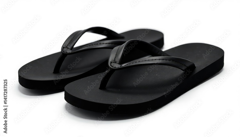 Pair of black flip-flops, isolated, white backdrop , isolated, minimal Pair of black flip-flops, isolated, white backdrop , isolated, minimal