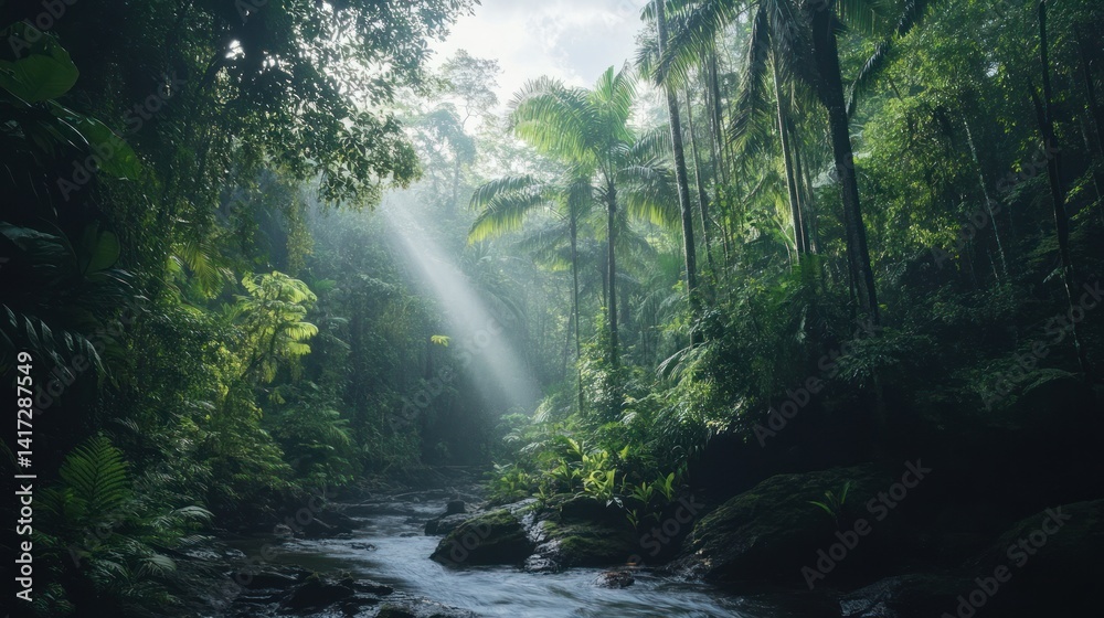 Sun-kissed Tropical Rainforest: A serene depiction of nature's vibrant green canopy Sun-kissed Tropical Rainforest: A serene depiction of nature's vibrant green canopy