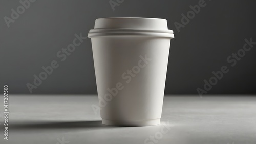 A plain white paper coffee cup in a minimalist studio setup for mockups