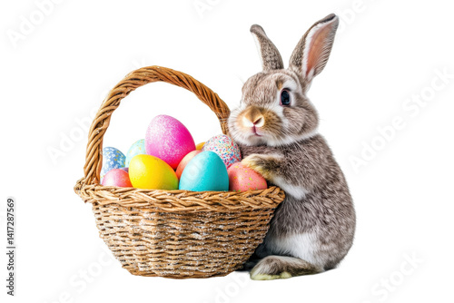 Wallpaper Mural Easter bunny with colorful eggs in a basket isolated on white background for festive holiday designs Torontodigital.ca