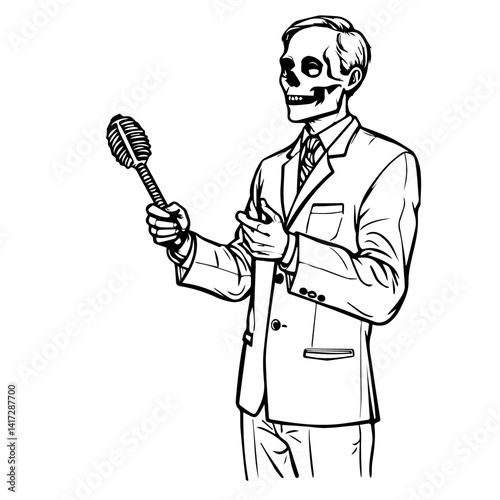 Skeleton in Suit Holding Microphone Smiling Against White Background  