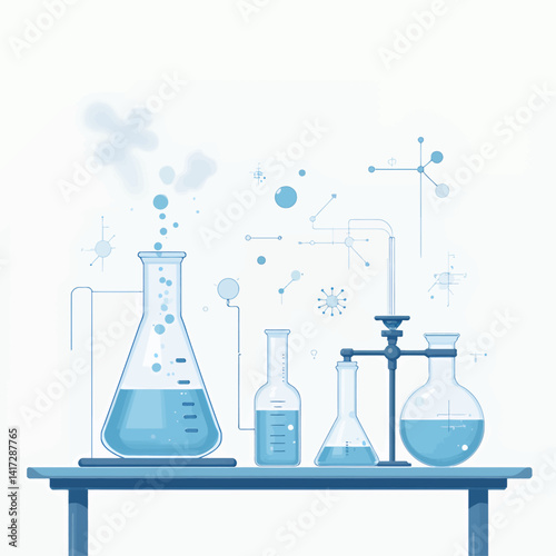 Blue laboratory glassware with steam and science diagrams
