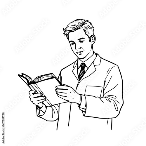 Male Doctor Reading a Book in a Modern Medical Setting  