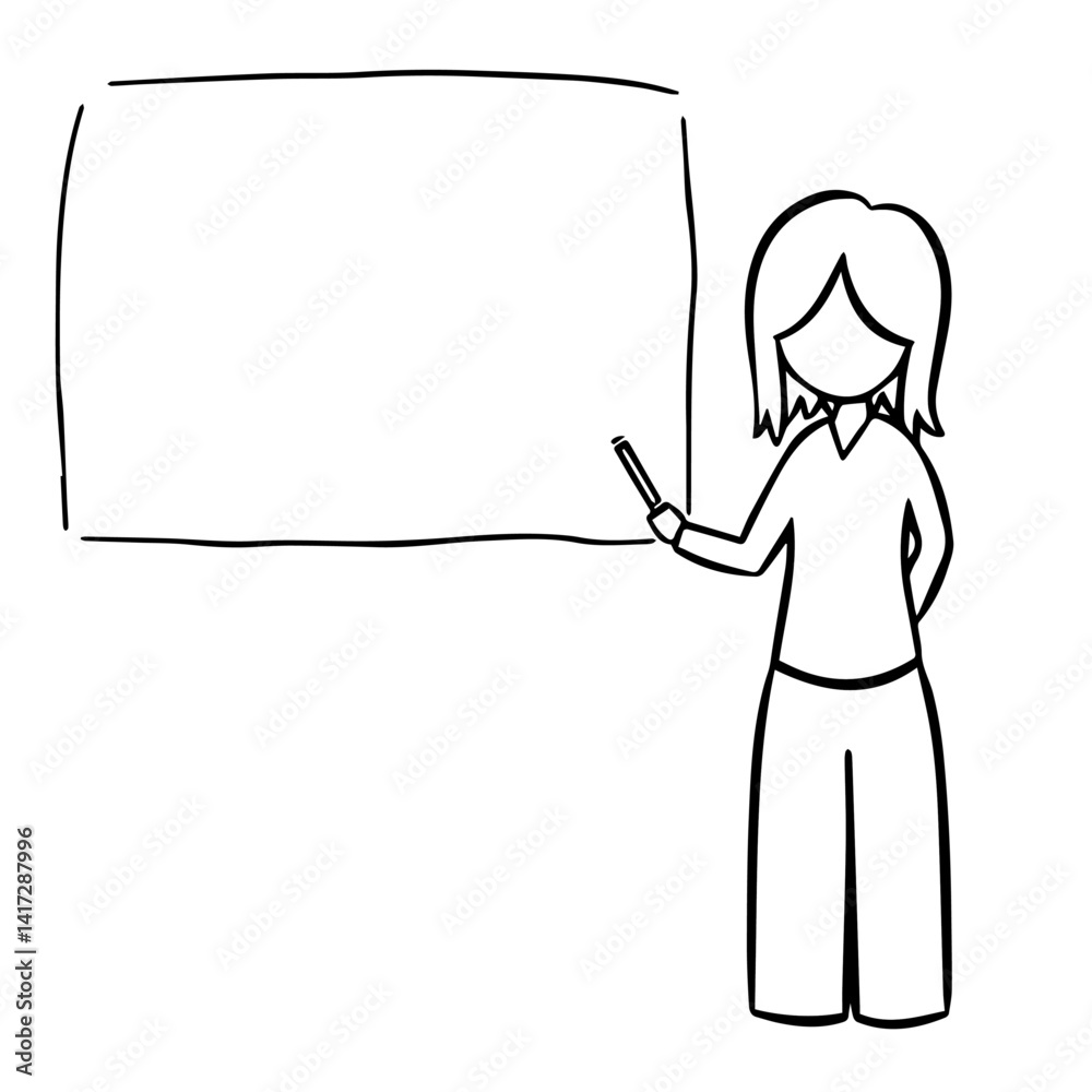 Female teacher presenting information at a blank chalkboard Female teacher presenting information at a blank chalkboard