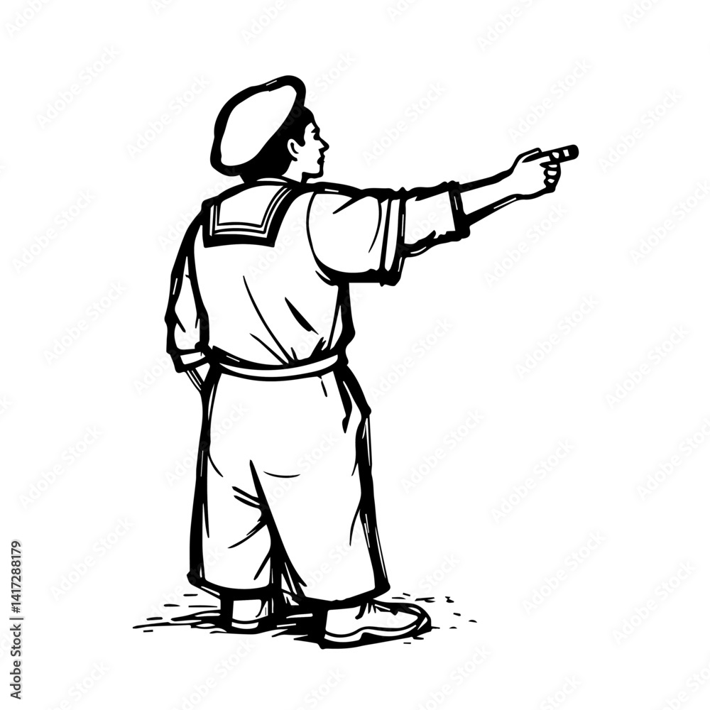 Retro sailor pointing in a sketch style against a white background Retro sailor pointing in a sketch style against a white background